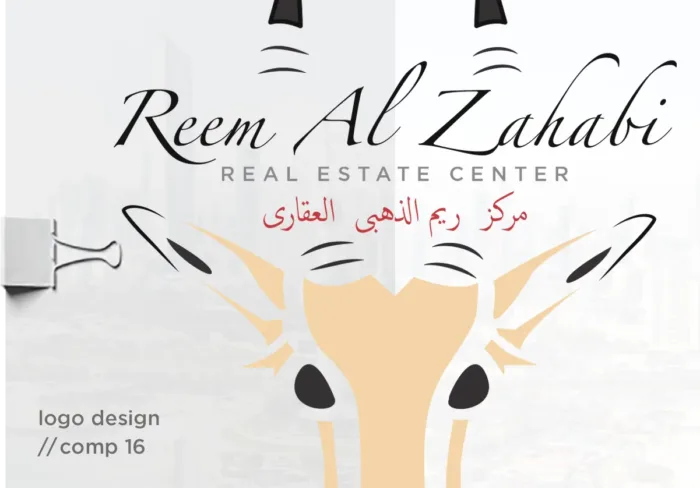 Reem Al Zahabi real estate center logo design on white background, gazelle silhouette with Arabic and English wordmark