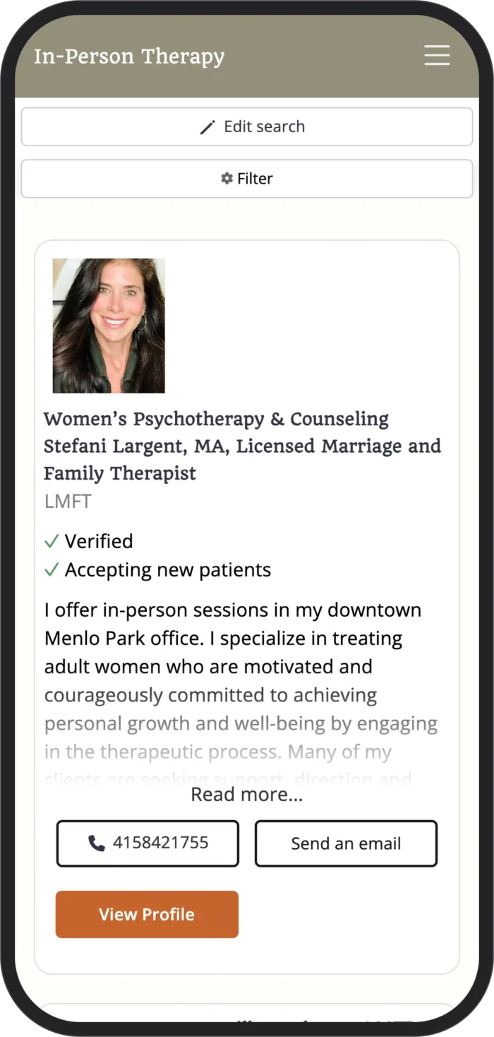 In-Person Therapy: search results, mobile view