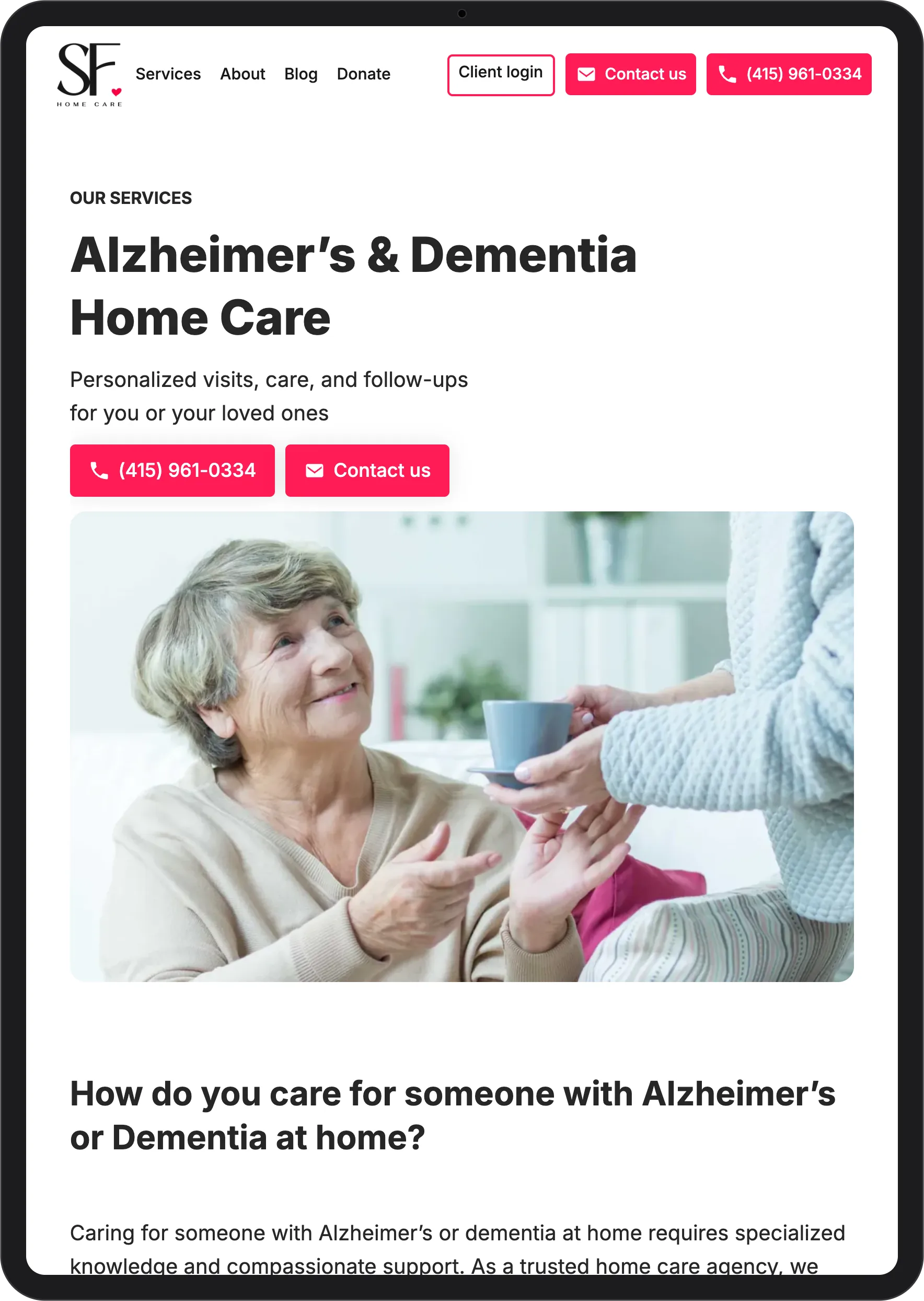 SF Home Care: Alzheimer's and dementia care page, tablet view