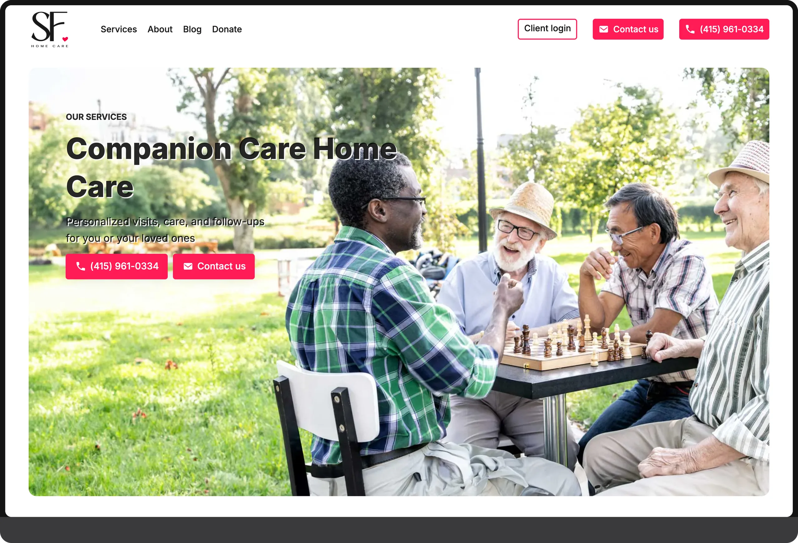 SF Home Care: companion care page, desktop view