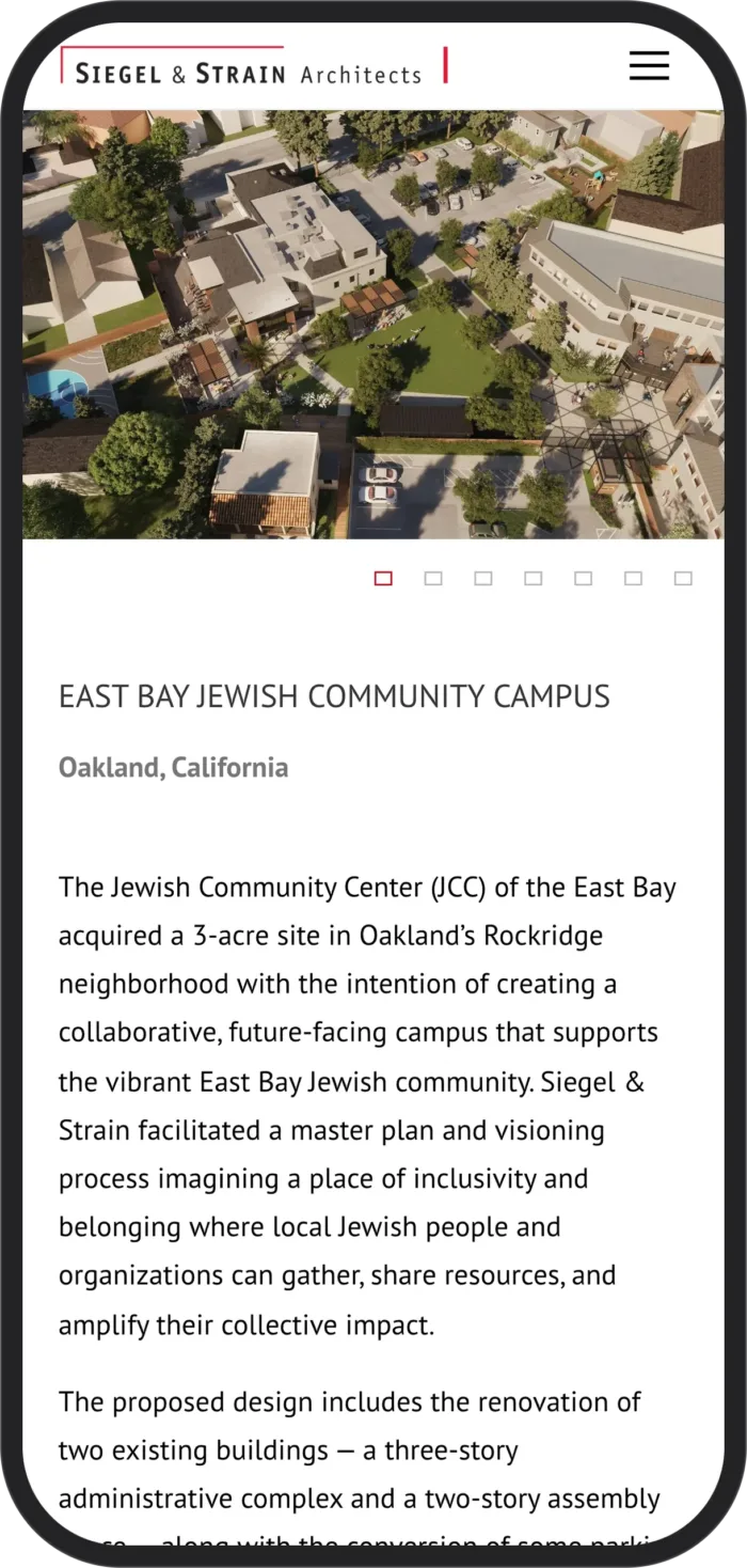 Siegel & Strain: East Bay Jewish Community Campus project page, mobile view