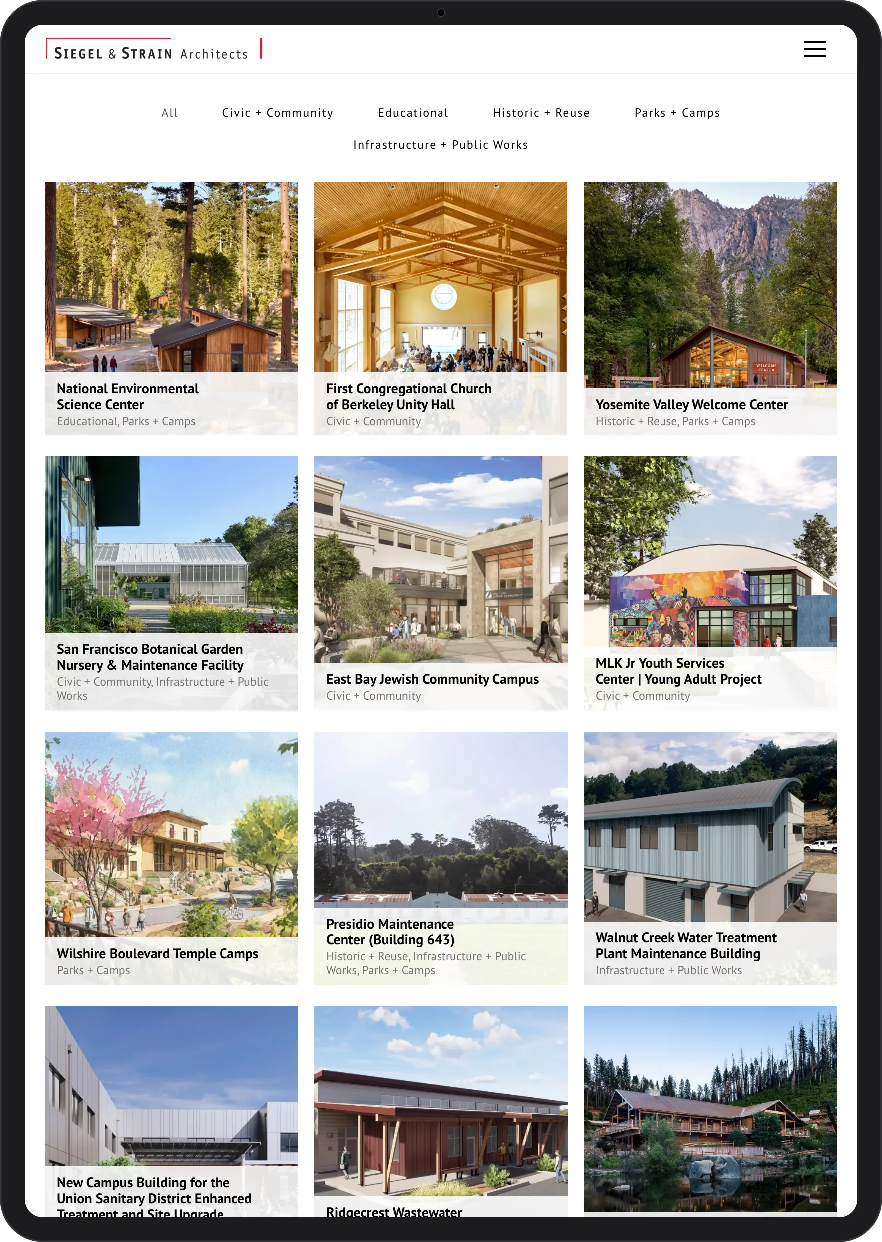 Siegel & Strain: projects page, tablet view