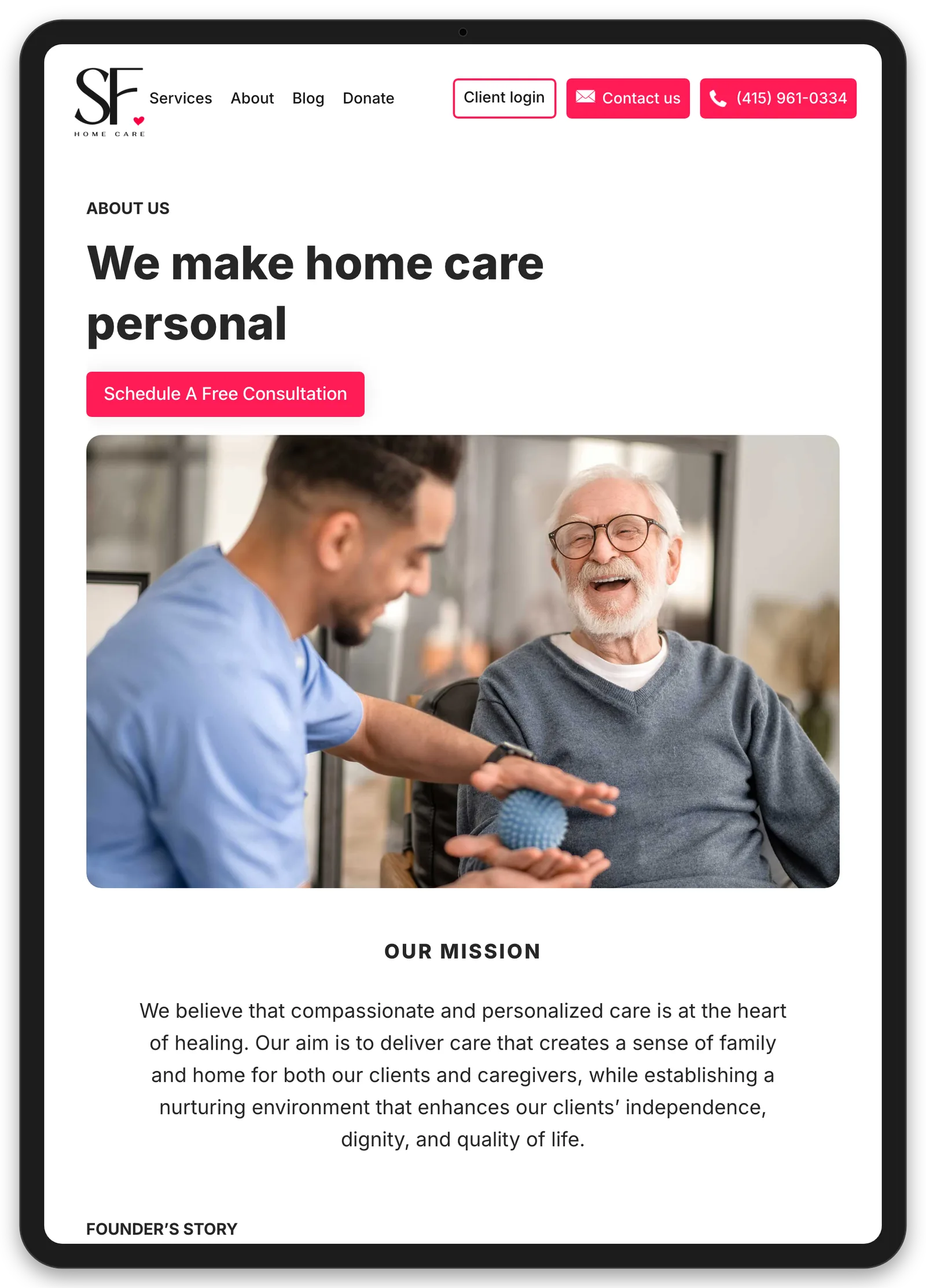SF Home Care: Website, tablet view