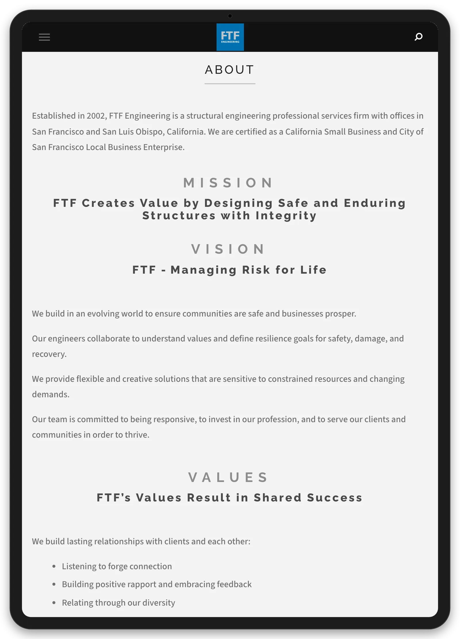 FTF Engineering: 2026 Rebuild, tablet view