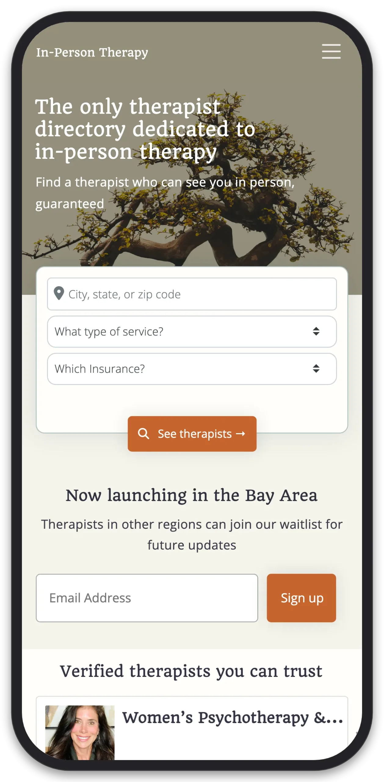 In-Person Therapy: The Directory, mobile view