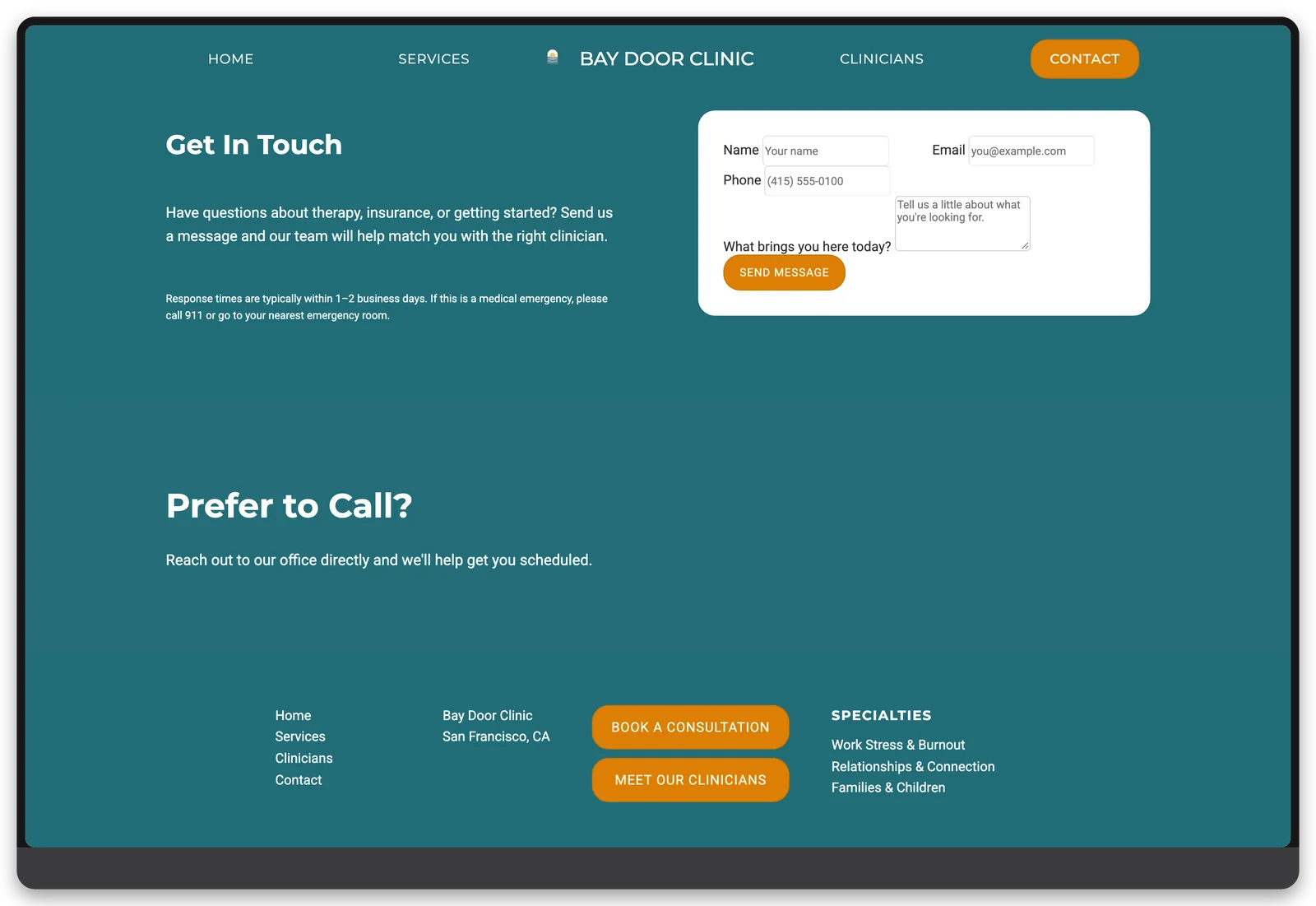 Bay Door Clinic: Landing Pages, desktop view