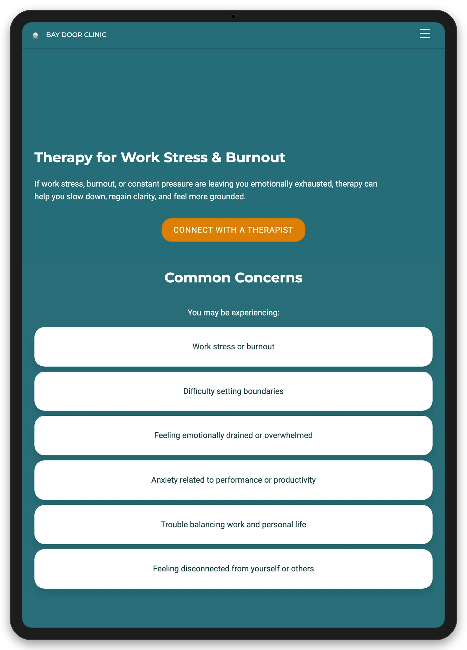 Bay Door Clinic: Landing Pages, tablet view