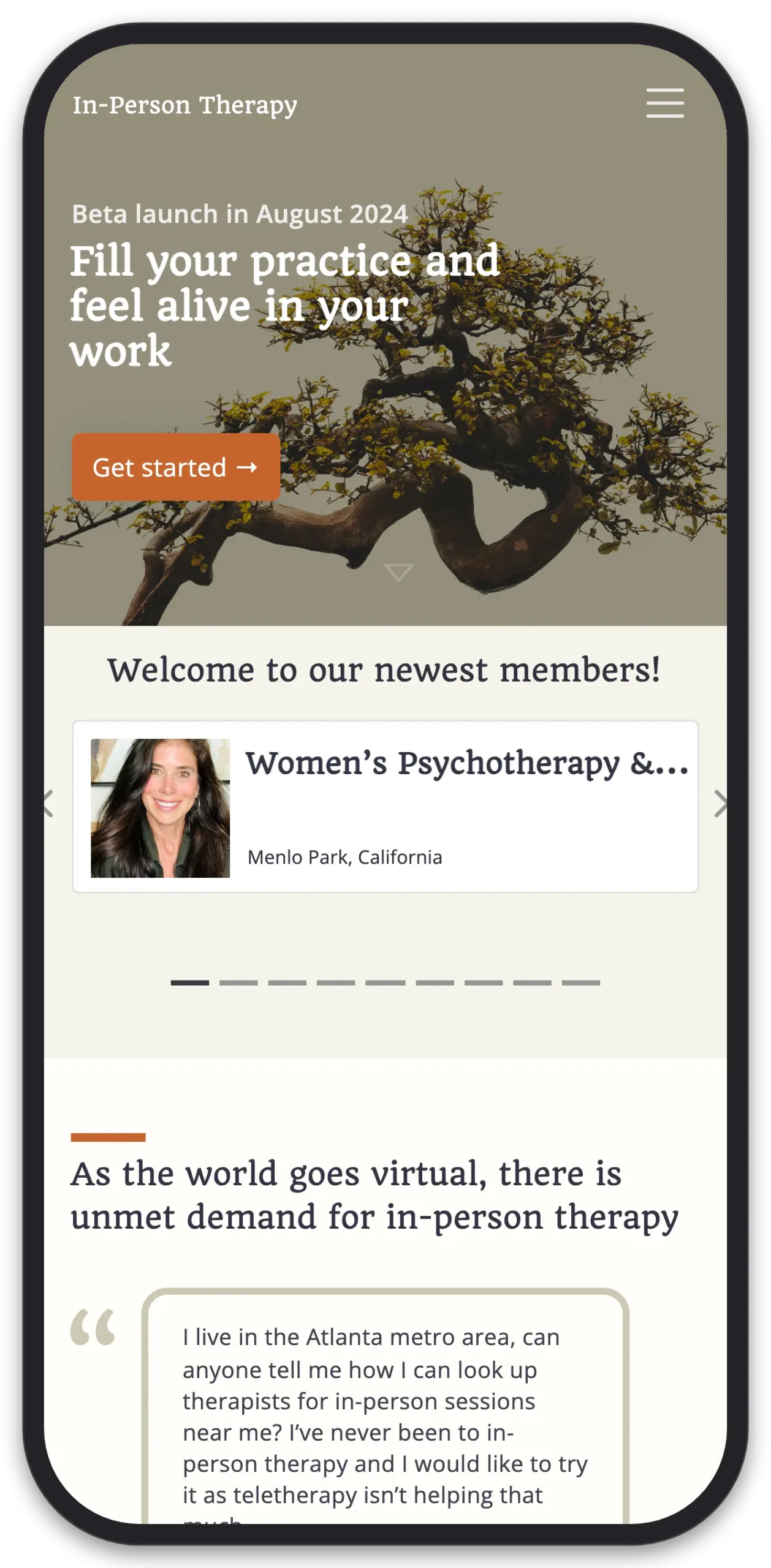 In-Person Therapy: Provider Accounts, mobile view