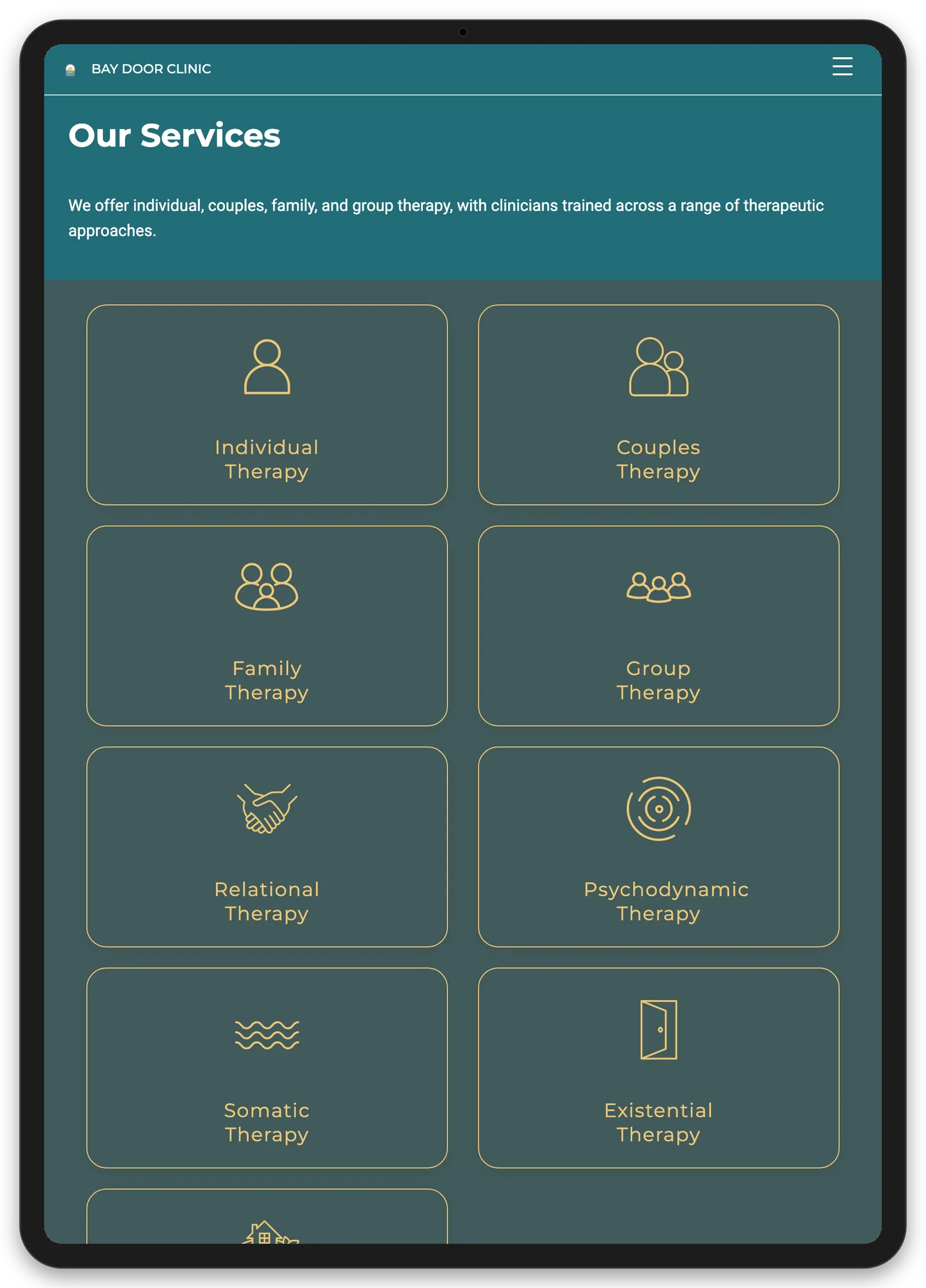 Bay Door Clinic: Clinician Directory, tablet view