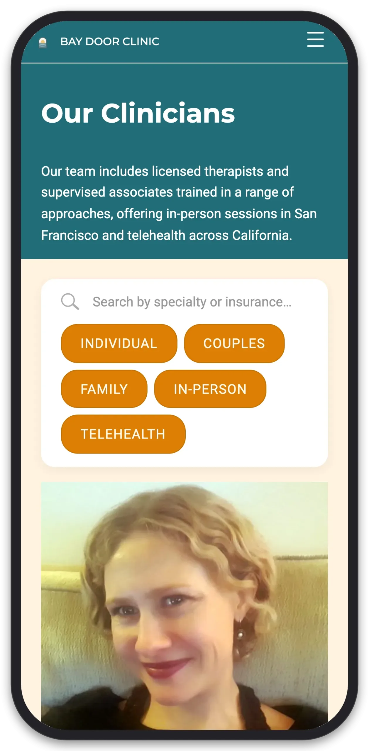 Bay Door Clinic: Clinician Directory, mobile view