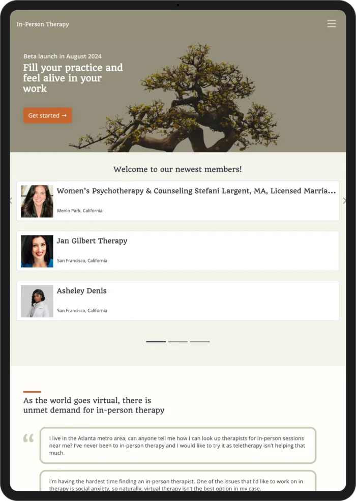In-Person Therapy: The Directory, tablet view