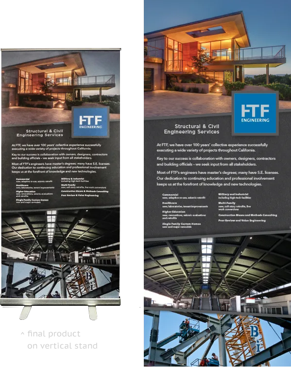 FTF Engineering banner image showing structural and civil engineering services, building and steel structure photos