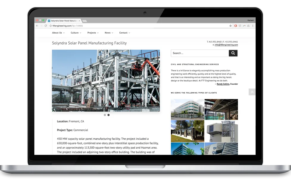 FTF Engineering website full-page design displayed on laptop desktop