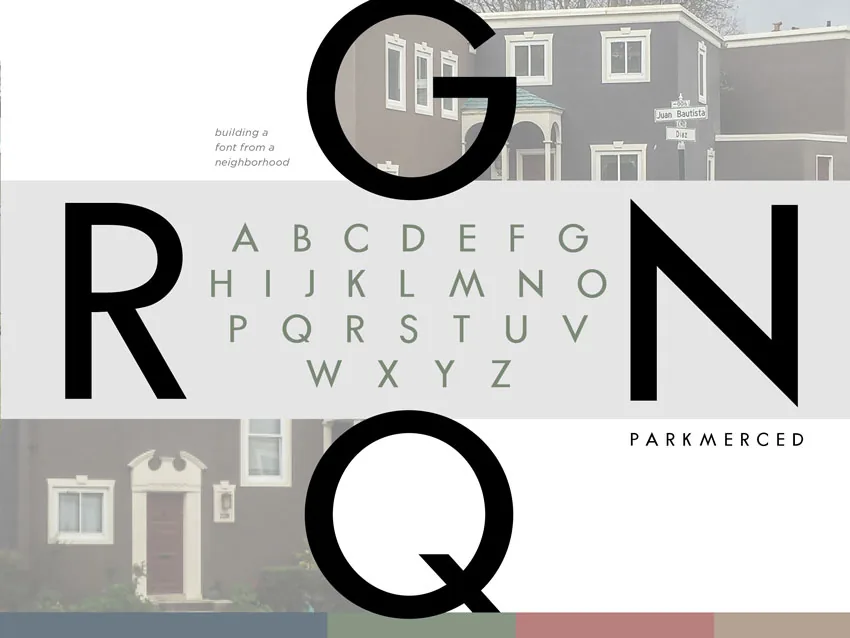 Parkmerced type specimen showing font features and character set
