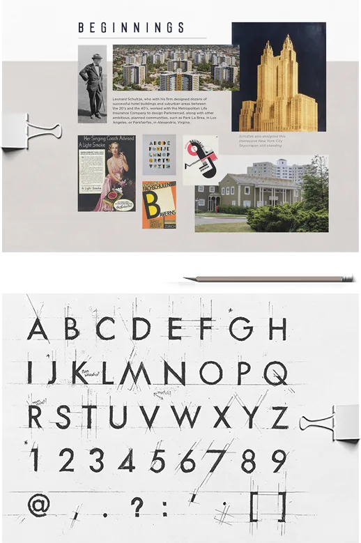 Parkmerced research beginnings: architecture references, statues, city buildings, hand-drawn typeface sketches