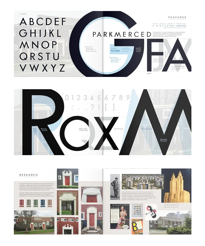 Parkmerced typeface specimen spread showing letters RCXM, numerals, punctuation, and character details
